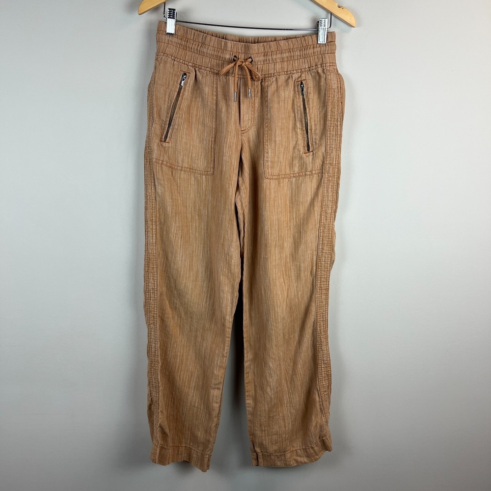 Athleta Cabo Linen Textured Wide Leg Pants Womens 4 Brown Orange Beach Coastal